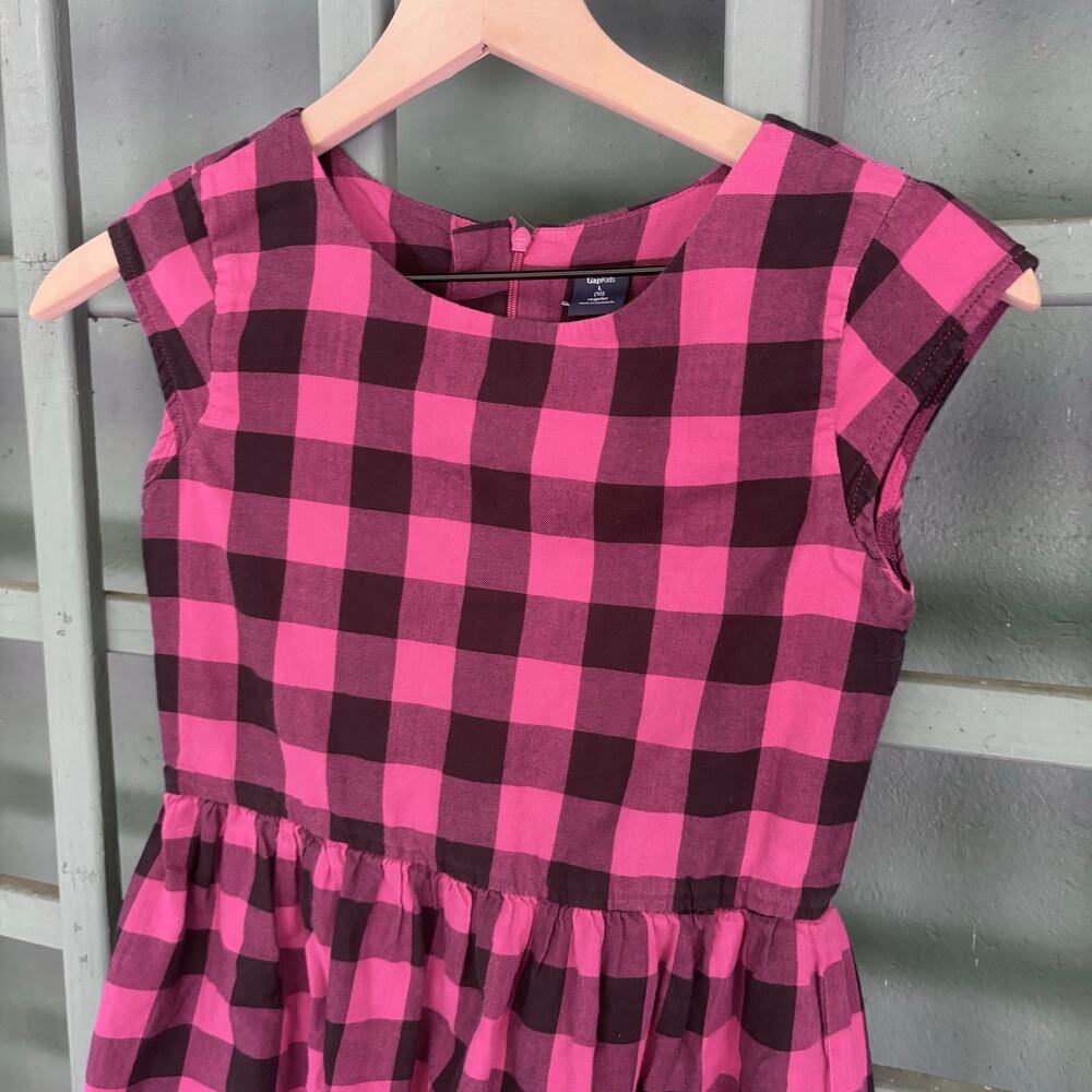 Gap Kids Pink Black Buffalo Plaid Dress Size L (10) Fit Flare Skater Cap Sleeve